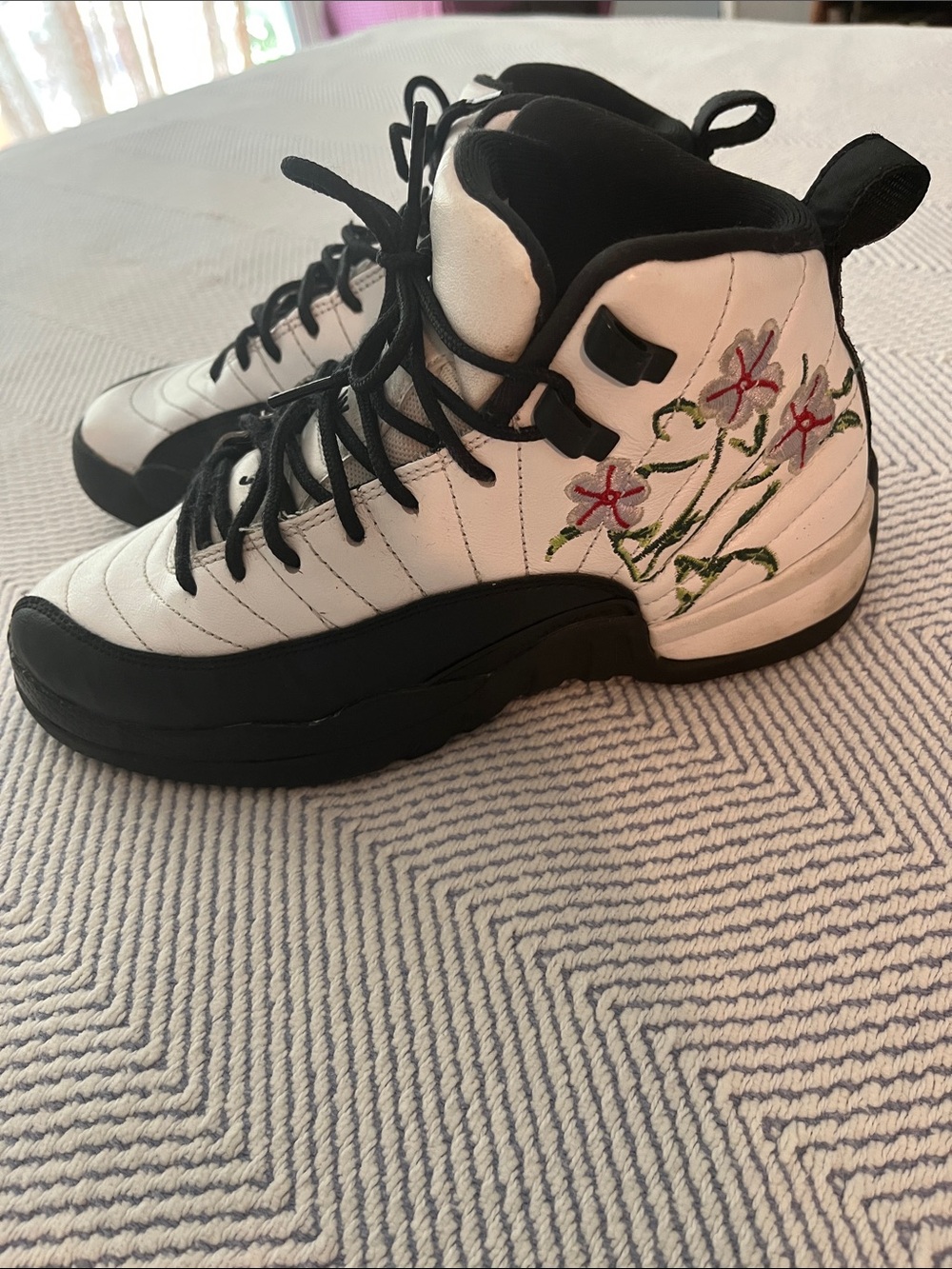 Nike Jordan White and Black Sneakers with Pink Floral Embroidery Womens size 7